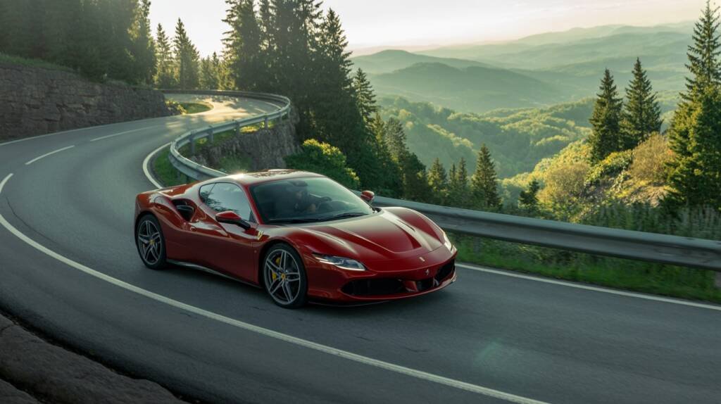 Ferrari sports car driving on a scenic mountain road, representing the thrill and luxury of exotic car rentals in Atlanta.