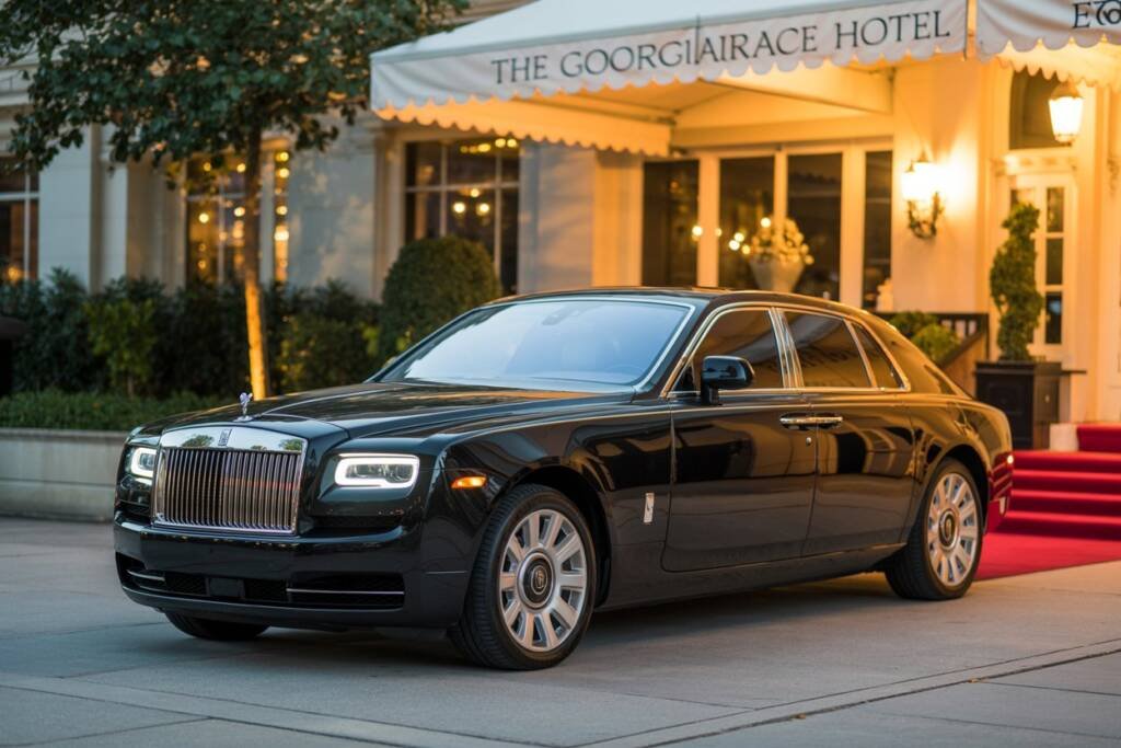 Rolls-Royce luxury sedan parked in front of The Georgian Terrace Hotel, showcasing elegance and sophistication.
