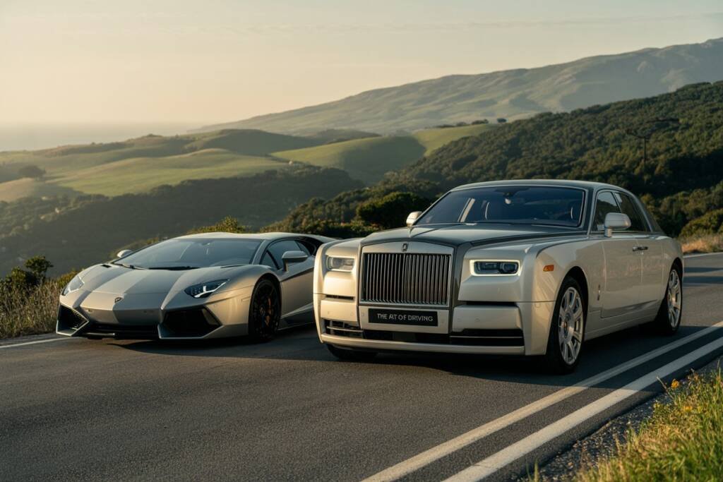 Luxury car rental Atlanta at Xoticc Car Rentals Agency, showcasing a Rolls-Royce and Lamborghini, ideal for anyone searching for luxury car rental near me or exotic car hire Atlanta.