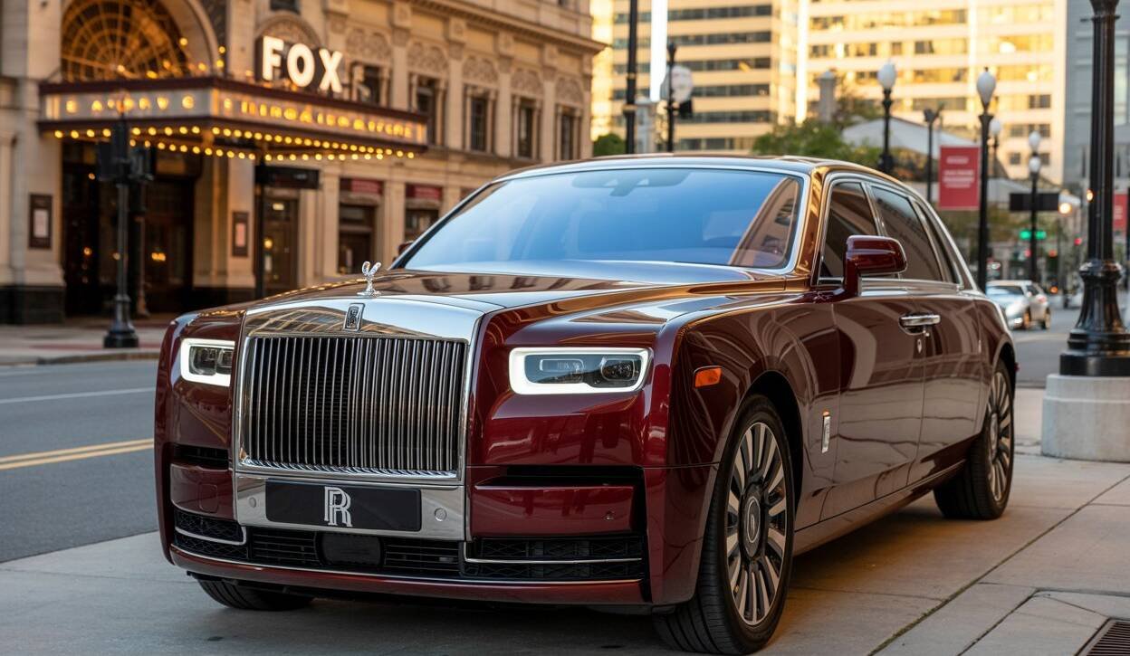 Rolls-Royce Phantom parked in front of an elegant building in the city, showcasing its luxury and sophistication.