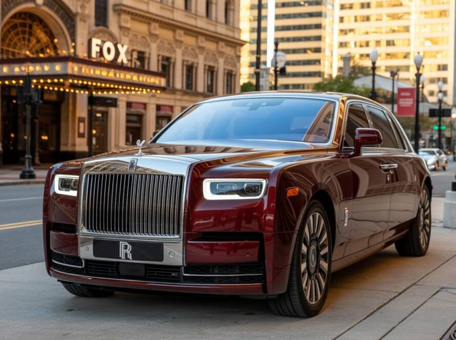 Rolls-Royce Phantom parked in front of an elegant building in the city, showcasing its luxury and sophistication.