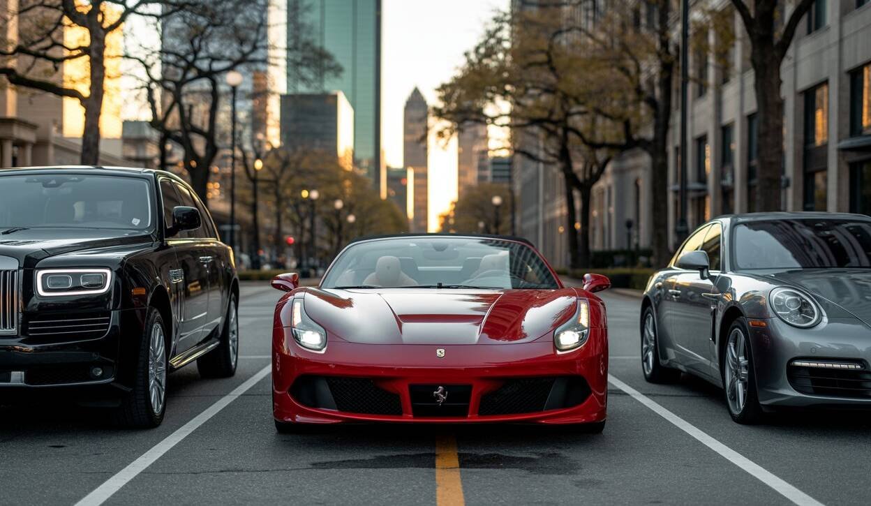 A lineup of luxury cars, including a Rolls-Royce, Ferrari, and Porsche, parked in the heart of the city with skyscrapers in the background.