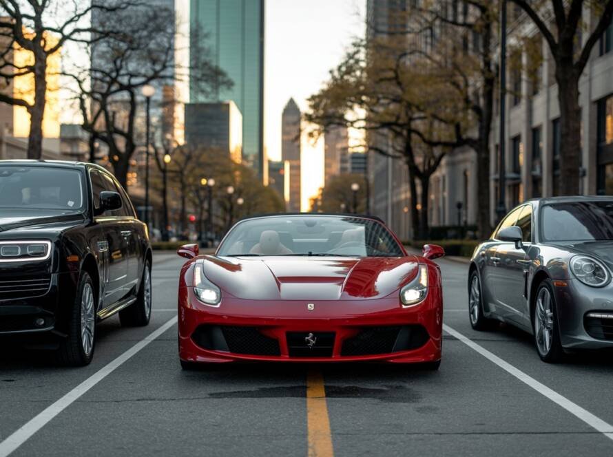A lineup of luxury cars, including a Rolls-Royce, Ferrari, and Porsche, parked in the heart of the city with skyscrapers in the background.