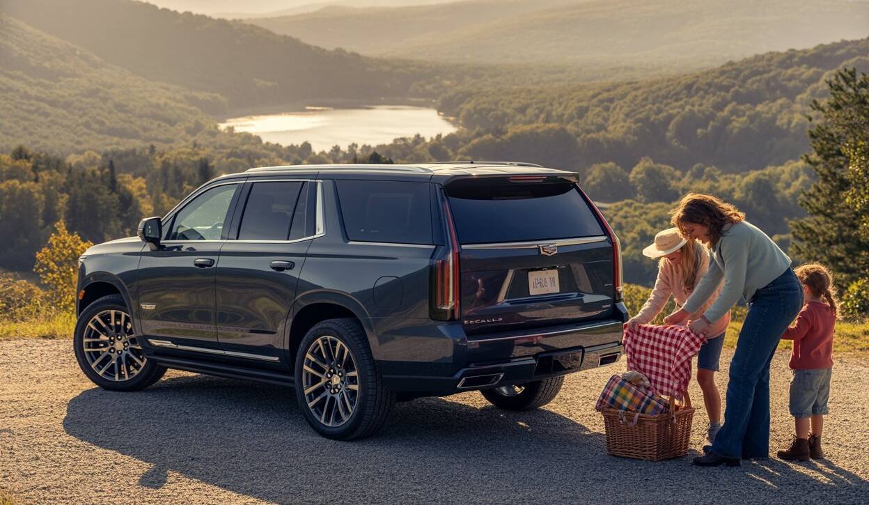 Family enjoys a scenic picnic stop with a Cadillac Escalade from Xoticc Car Rentals Agency in Atlanta, perfect for luxury car rental near me and family road trips.