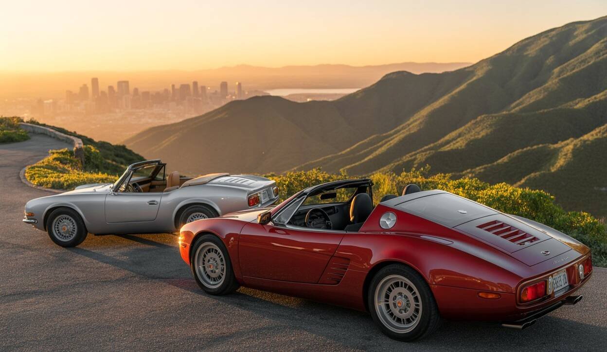 Luxury sports cars parked with a scenic view of Atlanta's skyline, showcasing sleek design and high-end features.
