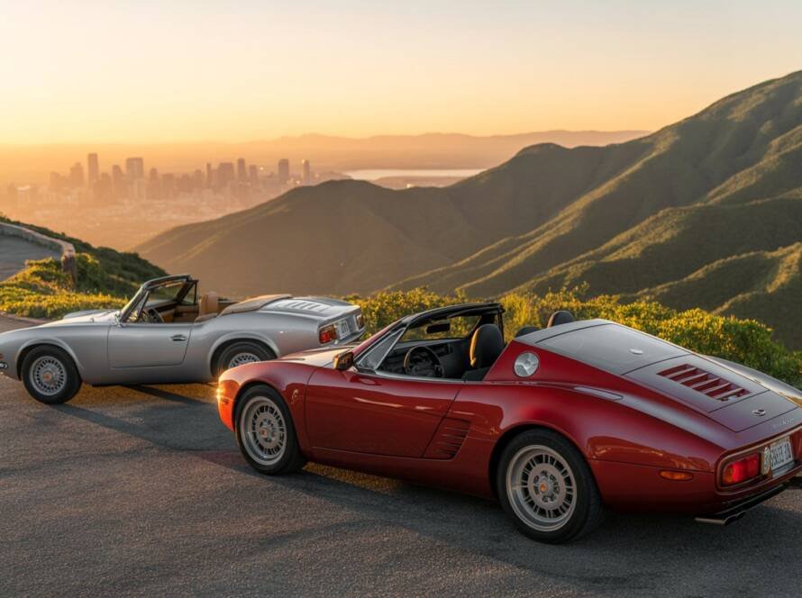 Luxury sports cars parked with a scenic view of Atlanta's skyline, showcasing sleek design and high-end features.