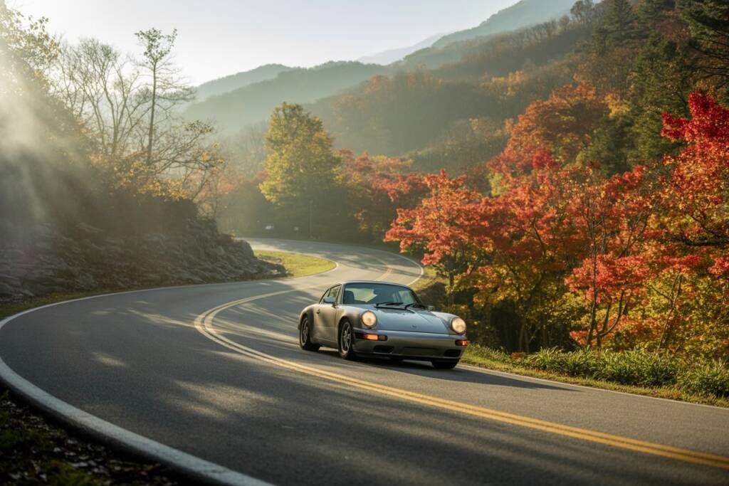Silver Porsche on a scenic mountain road at sunrise, available from Xoticc Car Rentals Agency Atlanta—ideal for sports car rental options Atlanta GA.