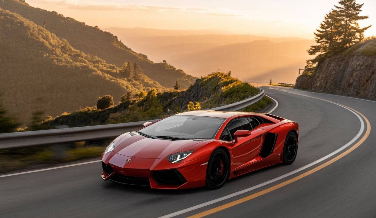 Red Lamborghini driving through mountain curves at sunset, offered by Xoticc Car Rentals Agency Atlanta for exotic car rental Atlanta and thrilling adventures.