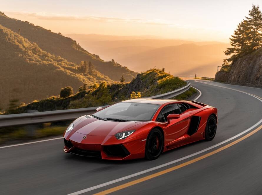 Red Lamborghini driving through mountain curves at sunset, offered by Xoticc Car Rentals Agency Atlanta for exotic car rental Atlanta and thrilling adventures.
