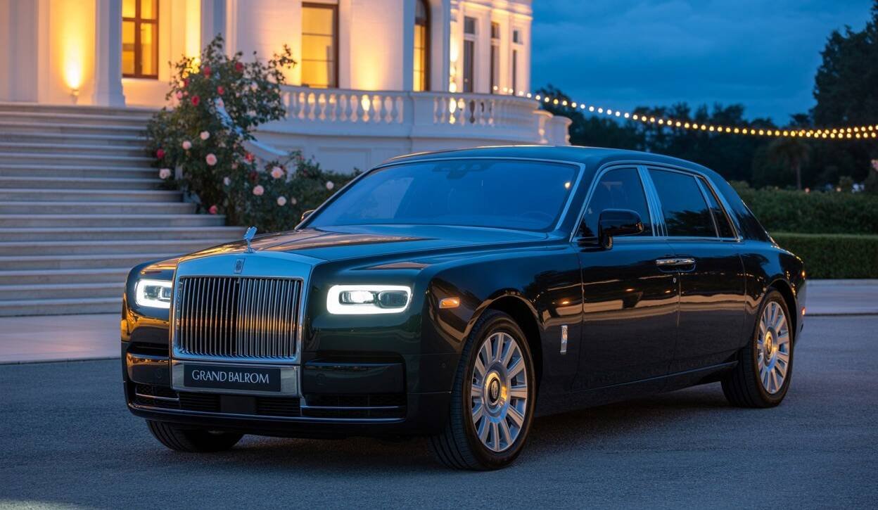 Black Rolls-Royce Phantom parked in front of an illuminated mansion at dusk, with string lights and manicured gardens visible.