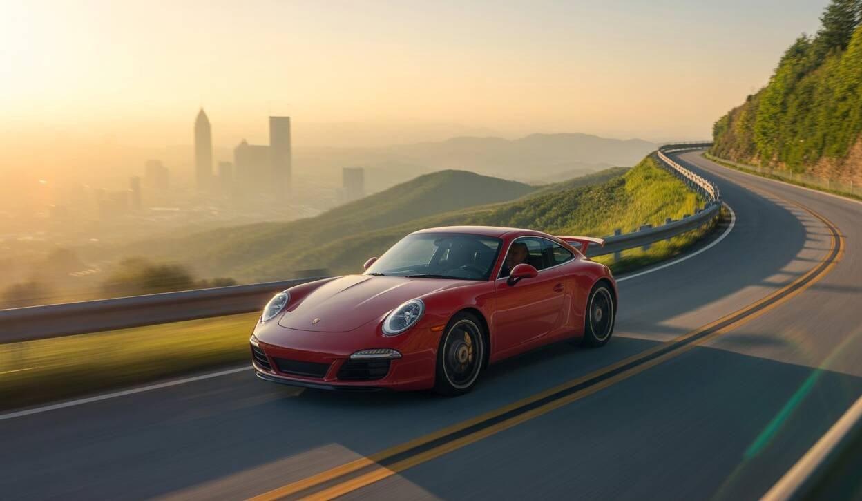 Side view of a red Porsche 911 driving along a winding mountain road above a hazy city skyline at golden hour.