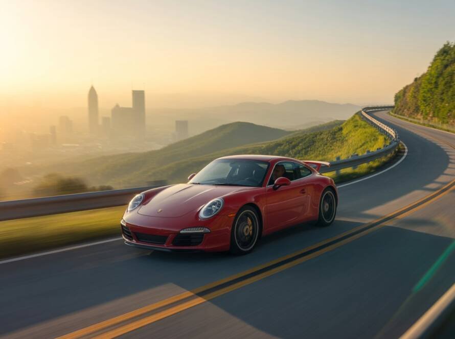 Side view of a red Porsche 911 driving along a winding mountain road above a hazy city skyline at golden hour.