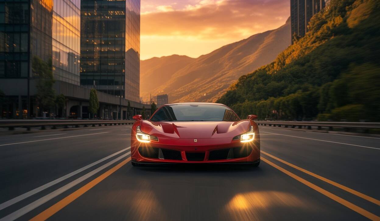 Front view of a red Ferrari sports car speeding down a city street at sunset, with glass skyscrapers on one side and mountains in the background.