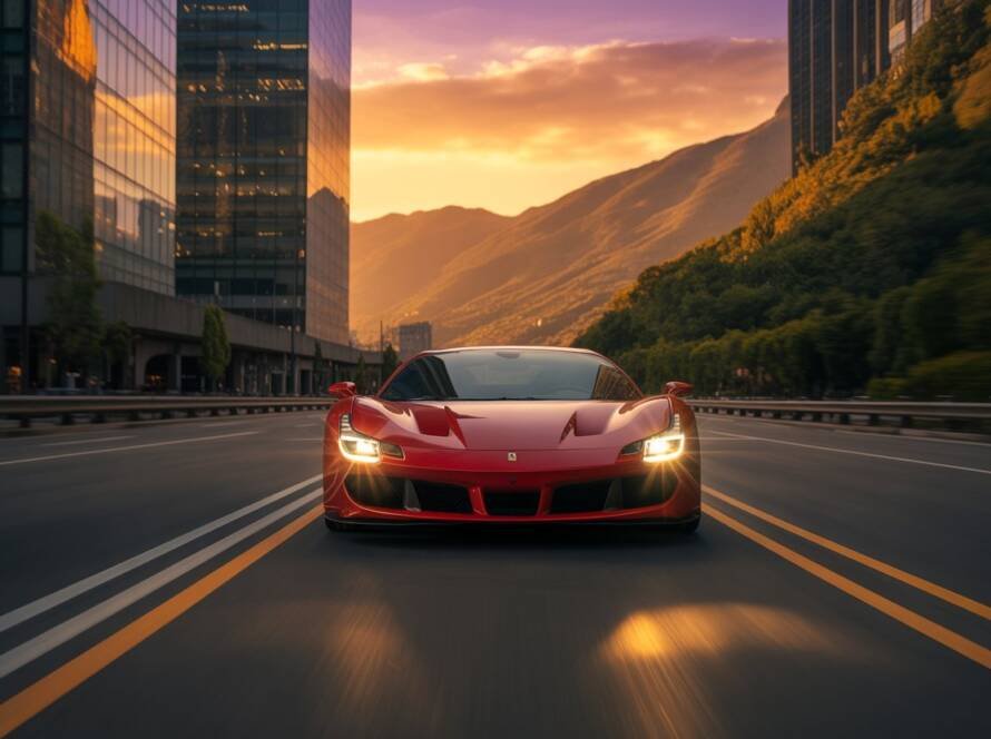 Front view of a red Ferrari sports car speeding down a city street at sunset, with glass skyscrapers on one side and mountains in the background.