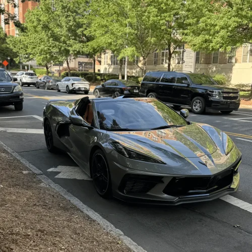 Gray Corvette C8 convertible front three-quarter - exotic car rental Atlanta