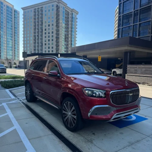 Red Maybach GLS front grille - exotic SUV rental Atlanta